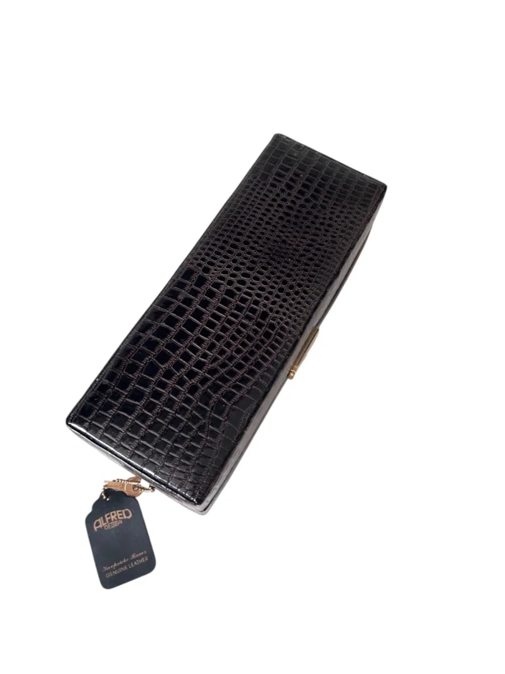NWOT Alfred Design Keepsake Jewelry Box Genuine Croc Embossed Leather w/ Key